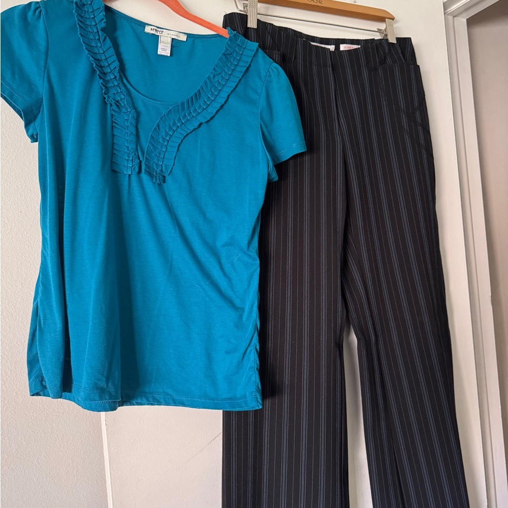 NINE West Striped Black turquoise striped Pants size 10 /MNG turquoise top 10